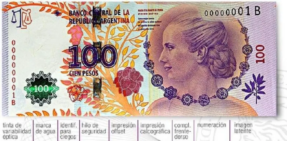 Difunden medidas de seguridad para reconocer la autenticidad del billete de 100 pesos -Eva Perón-
